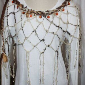 Cream, Brown & Amber Sari Silk & Handknotted Banana Fiber Poncho Amber Crystals